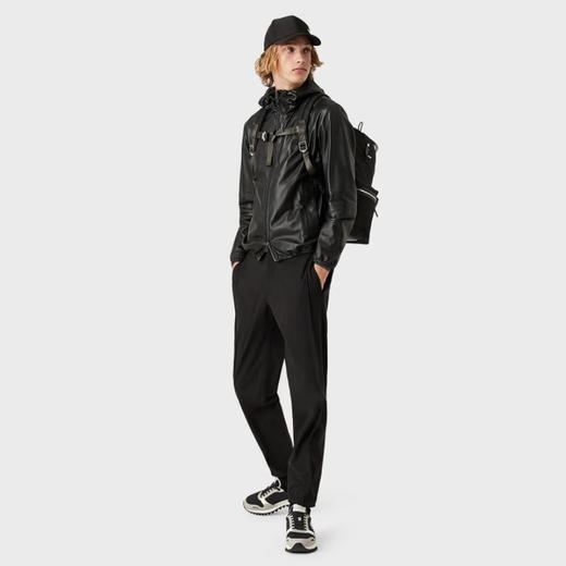 EMPORIO ARMANI 阿玛尼 男士鹰标连帽真皮夹克外套皮衣 黑色 01R54P 01P54 0999 商品图3