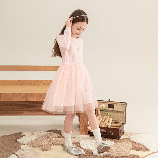 mettekids女童连衣裙2023秋季新款儿童网纱公主裙针织粉色裙子 商品图1