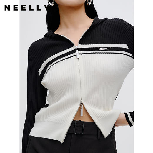 NEELLY纳俪商场同款V领连帽针织开衫秋新品设计感撞色显瘦外套女N23081A01067 商品图2