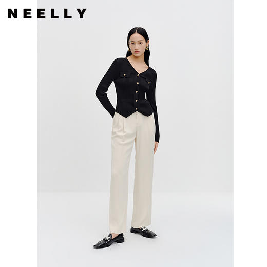 NEELLY纳俪商场同款V领长袖针织衫秋新款单排扣不规则下摆开衫女N23081A01068 商品图1