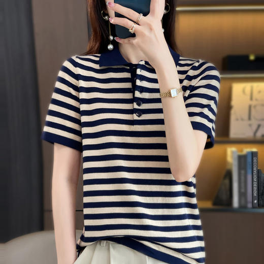 精纺纯棉POLO领针织衫条纹外穿t恤WJ305 商品图8