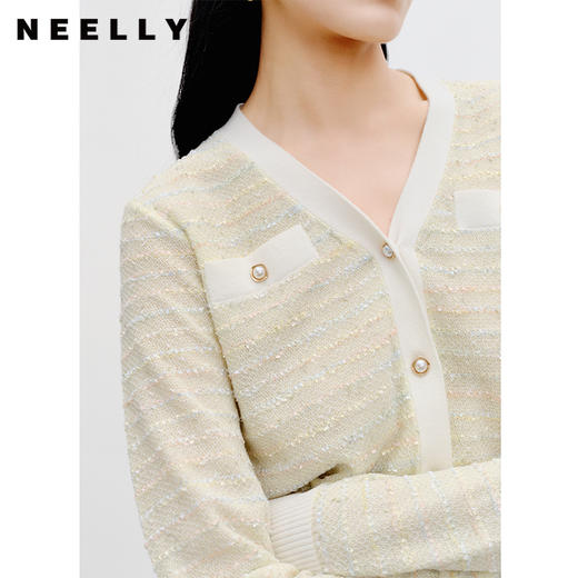 NEELLY纳俪商场同款v领小香风针织衫秋季新款长袖条纹高级感开衫N23081A01065 商品图2