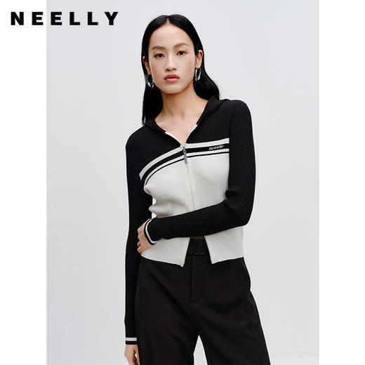 NEELLY纳俪商场同款V领连帽针织开衫秋新品设计感撞色显瘦外套女N23081A01067 商品图0