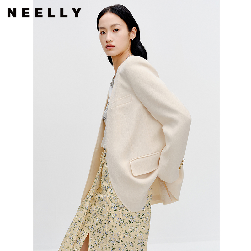 NEELLY纳俪商场同款纯色通勤上衣早秋新款一粒扣无领气质西装外套N23081C01085