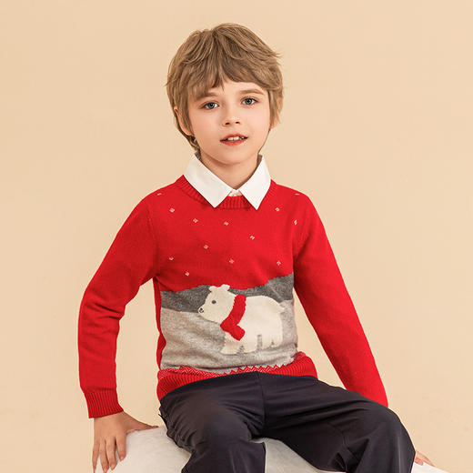 mettekids儿童羊绒衫2023秋季新款男童红色毛衣女童卡通针织衫 商品图3