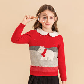 mettekids儿童羊绒衫2023秋季新款男童红色毛衣女童卡通针织衫
