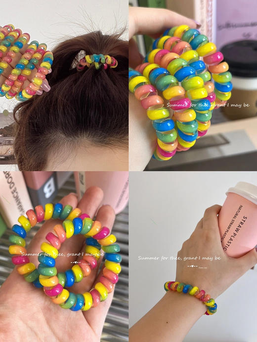 9.9五根！！彩虹电话线发绳发圈  一组3根彩虹色+2根黑色 商品图5