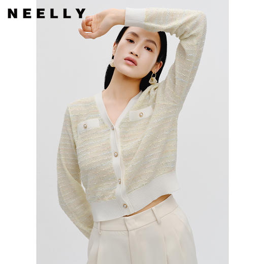 NEELLY纳俪商场同款v领小香风针织衫秋季新款长袖条纹高级感开衫N23081A01065 商品图0