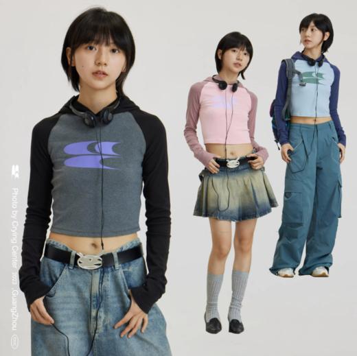 CryingCenter 美式辣妹撞色插肩袖连帽紧身长袖LOGO tee 哭喊中心 商品图1