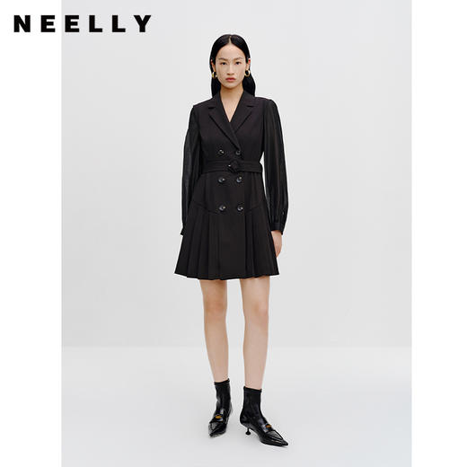 NEELLY纳俪商场同款收腰西装连衣裙早秋新款长袖 v领显瘦西装裙女N23081Y01078 商品图0