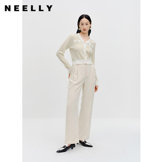 NEELLY纳俪商场同款v领小香风针织衫秋季新款长袖条纹高级感开衫N23081A01065 商品图1
