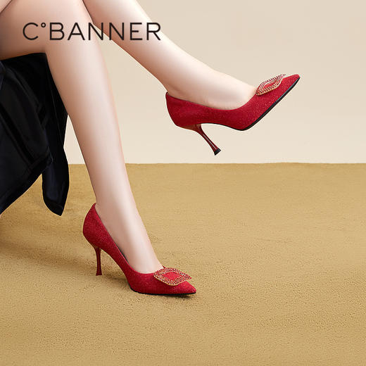 【婚嫁系列】千百度高跟鞋秋季细跟新娘鞋红色单鞋女羊皮宴会A23466088 商品图0