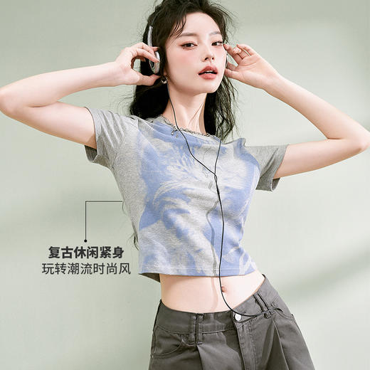 西遇趣味猫咪印花T恤女新款圆领短袖小个子辣妹上衣D1531873 商品图3