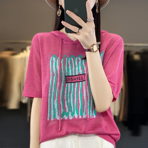 竹节麻针织帽衫，宽松拼色时尚百搭上衣WJ818 商品图5