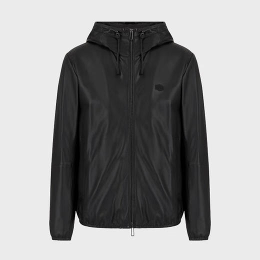 EMPORIO ARMANI 阿玛尼 男士鹰标连帽真皮夹克外套皮衣 黑色 01R54P 01P54 0999 商品图0