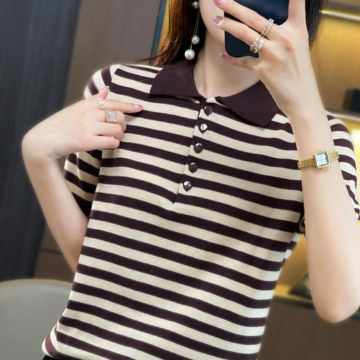 精纺纯棉POLO领针织衫条纹外穿t恤WJ305 商品图1