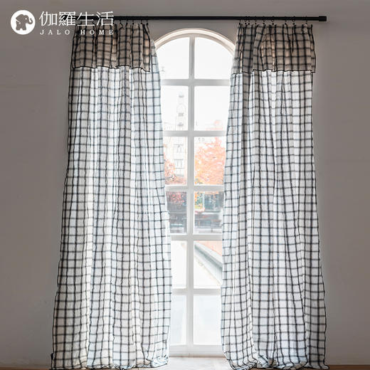伽罗生活 黑白格纹色织亚麻卧室遮光遮阳窗帘进口雨露麻现代简约 商品图0