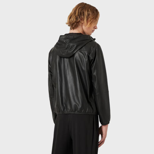 EMPORIO ARMANI 阿玛尼 男士鹰标连帽真皮夹克外套皮衣 黑色 01R54P 01P54 0999 商品图2
