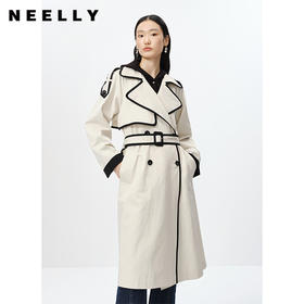 NEELLY纳俪商场同款撞色大翻领双排扣风衣女中长款收腰大衣百搭N23084F14412