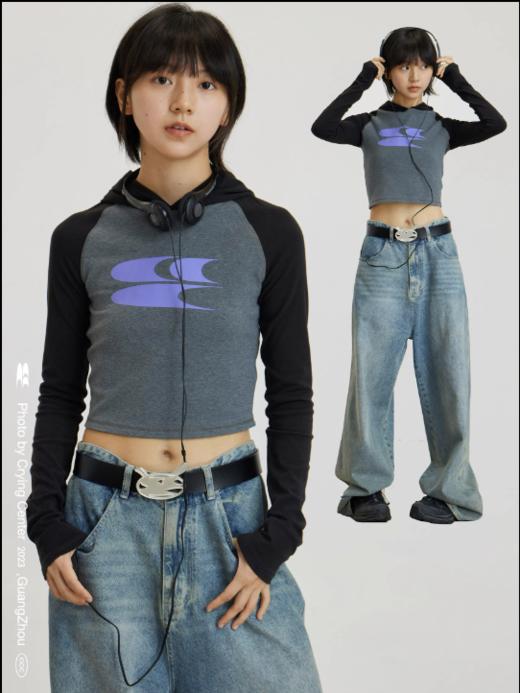 CryingCenter 美式辣妹撞色插肩袖连帽紧身长袖LOGO tee 哭喊中心 商品图3