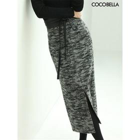 COCOBELLA渲染风提花高腰封加厚半身裙冬PU腰带开叉筒裙HS521