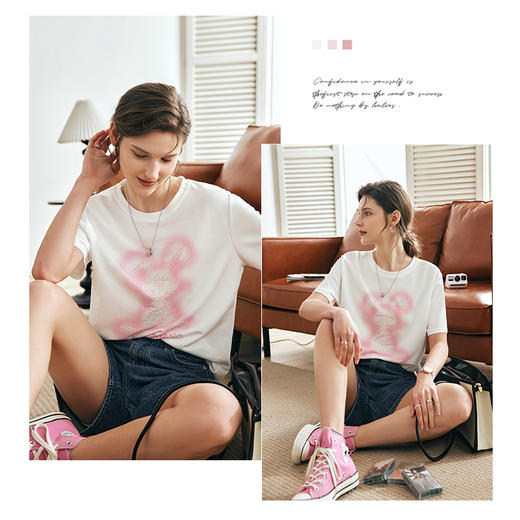 OLrain欧芮儿法式短袖T恤女夏季2023年新款宽松重工烫钻印花上衣 商品图5