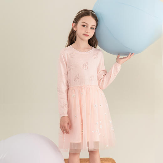 mettekids女童连衣裙2023秋季新款儿童网纱公主裙针织粉色裙子 商品图3