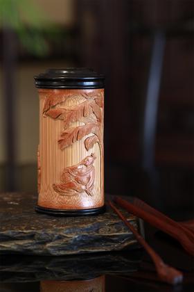 放鹤图°竹雕茶叶罐