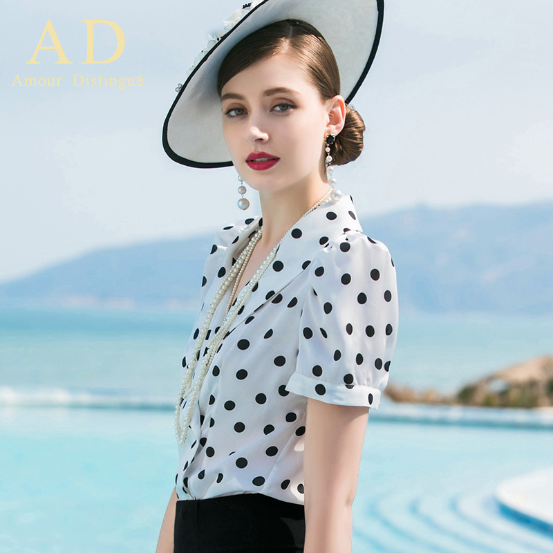 秒杀89元！AD欧美风短袖V领衬衫ol复古时尚波点黑白衬衣雪纺衫夏