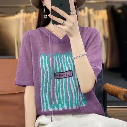 竹节麻针织帽衫，宽松拼色时尚百搭上衣WJ818 商品图7