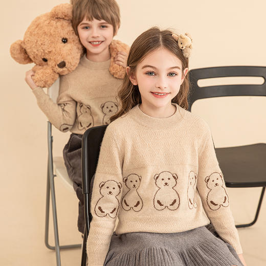 mettekids儿童羊绒衫2023秋新款女童卡通小熊毛衣男童休闲针织衫 商品图1