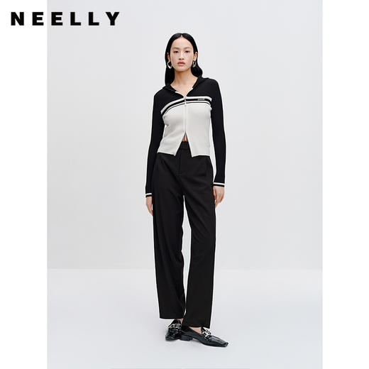 NEELLY纳俪商场同款V领连帽针织开衫秋新品设计感撞色显瘦外套女N23081A01067 商品图1
