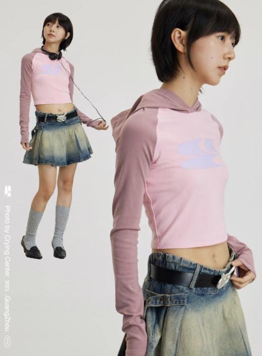 CryingCenter 美式辣妹撞色插肩袖连帽紧身长袖LOGO tee 哭喊中心 商品图2