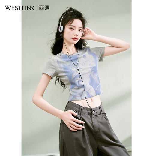 西遇趣味猫咪印花T恤女新款圆领短袖小个子辣妹上衣D1531873 商品图0