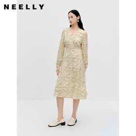NEELLY纳俪商场同款法式v领碎花连衣裙早秋新款收腰温柔气质长裙N23081Y01077