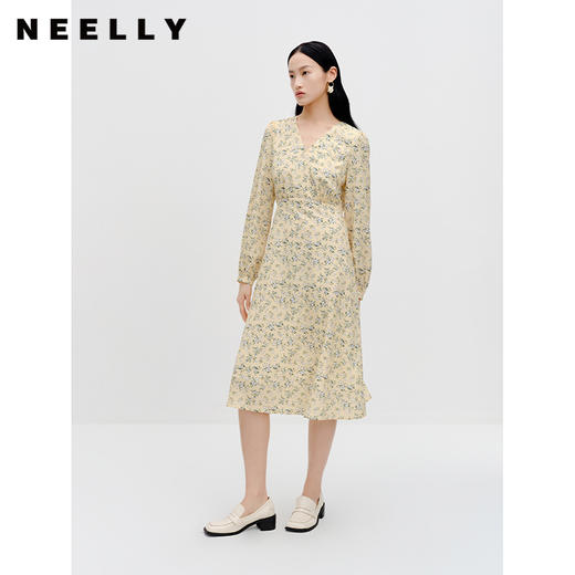 NEELLY纳俪商场同款法式v领碎花连衣裙早秋新款收腰温柔气质长裙N23081Y01077 商品图0