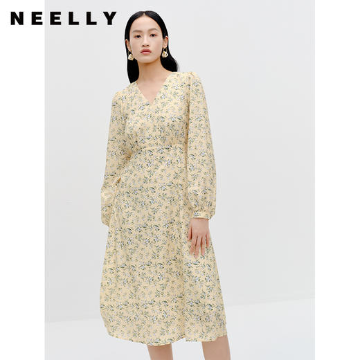 NEELLY纳俪商场同款法式v领碎花连衣裙早秋新款收腰温柔气质长裙N23081Y01077 商品图1