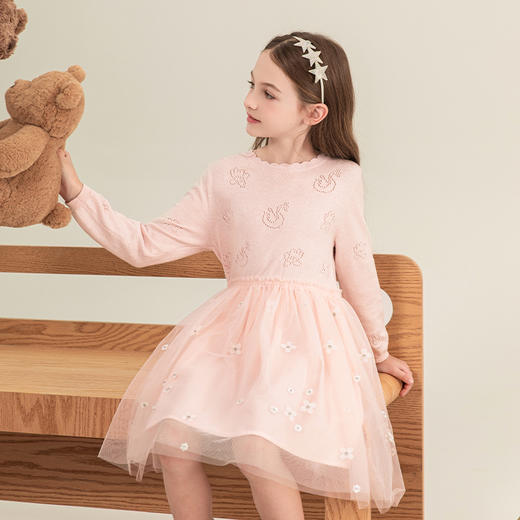mettekids女童连衣裙2023秋季新款儿童网纱公主裙针织粉色裙子 商品图0