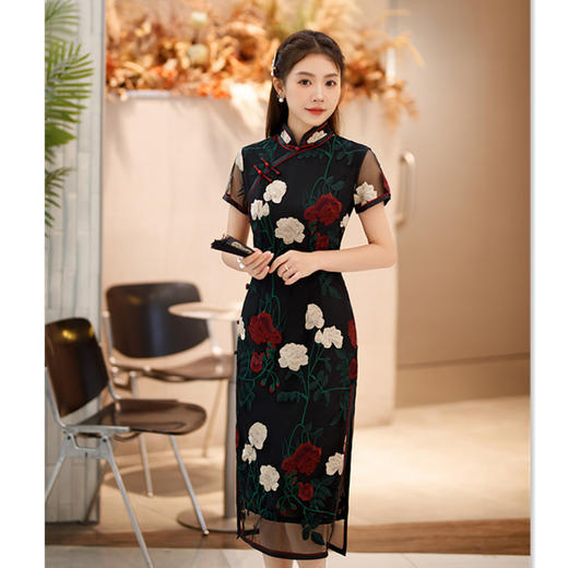 老上海复古国风中长手推绣旗袍GX27376 商品图2