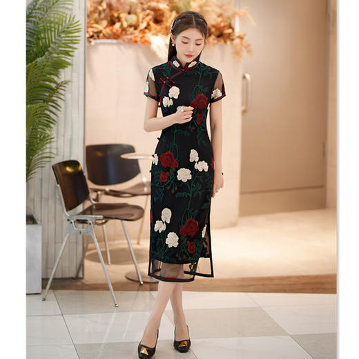 老上海复古国风中长手推绣旗袍GX27376 商品图1