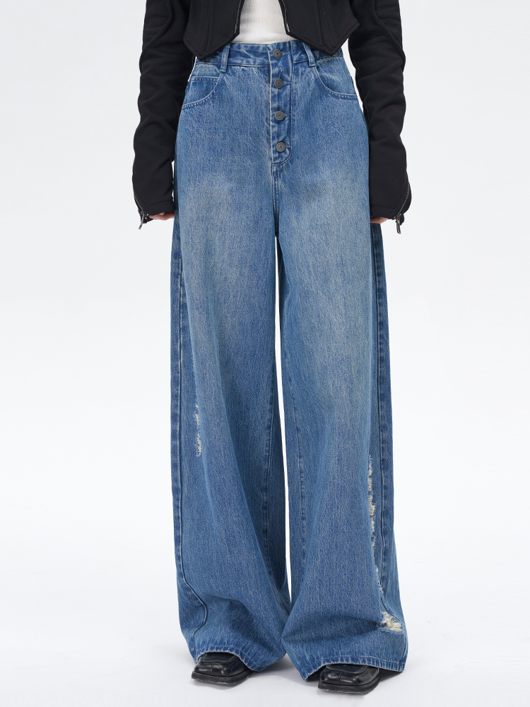 Self Who纯棉复古牛仔裤女2023新款秋季高腰显瘦破洞直筒阔腿裤子