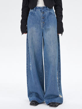 Self Who纯棉复古牛仔裤女2023新款秋季高腰显瘦破洞直筒阔腿裤子