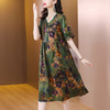 SMZ9068 2023复古花色连衣裙新款时尚妈妈装宽松遮肚显瘦V领过膝中长裙子 商品缩略图2