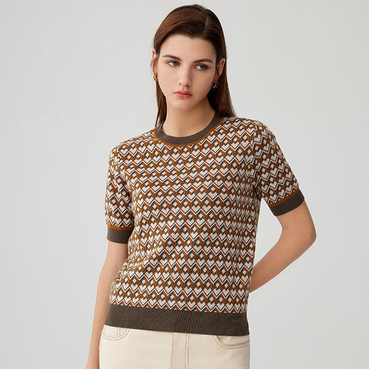 【100%羊毛提花毛衣】23年早秋新品女士短袖圆领毛衣经典菱形图案薄款上衣 商品图1