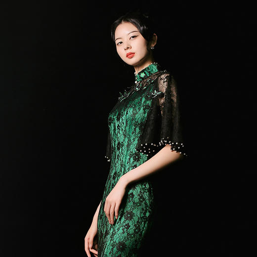 荷言HEYEN高定薄雾浓 蕾丝中式鱼尾手工旗袍高级定制时装周大秀 商品图0