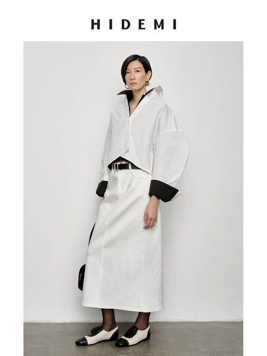 HIDEMI 特殊工艺纸感微浮雕艺术面料极简大廓形袖衬衫 都市白/黑色 商品图3