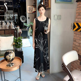 圣三利女装 优雅黑白印花无袖中长款连衣裙SL2027211