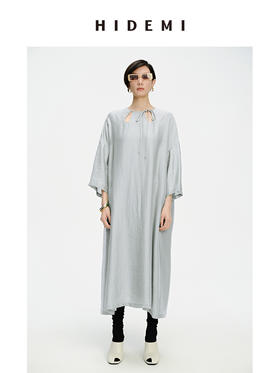 HIDEMI 镂空系带设计感廓形落肩宽松连衣裙 油画灰/沁心绿