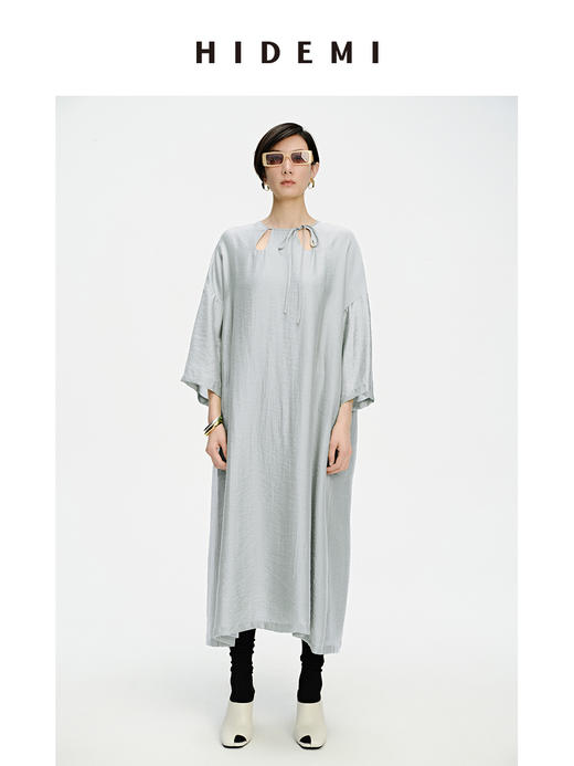 HIDEMI 镂空系带设计感廓形落肩宽松连衣裙 油画灰/沁心绿 商品图0