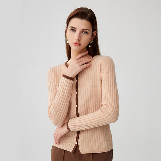 【半价款撞色羊绒开衫】羊绒世家秋冬新品100%山羊绒抽条修身针织开衫 商品图1